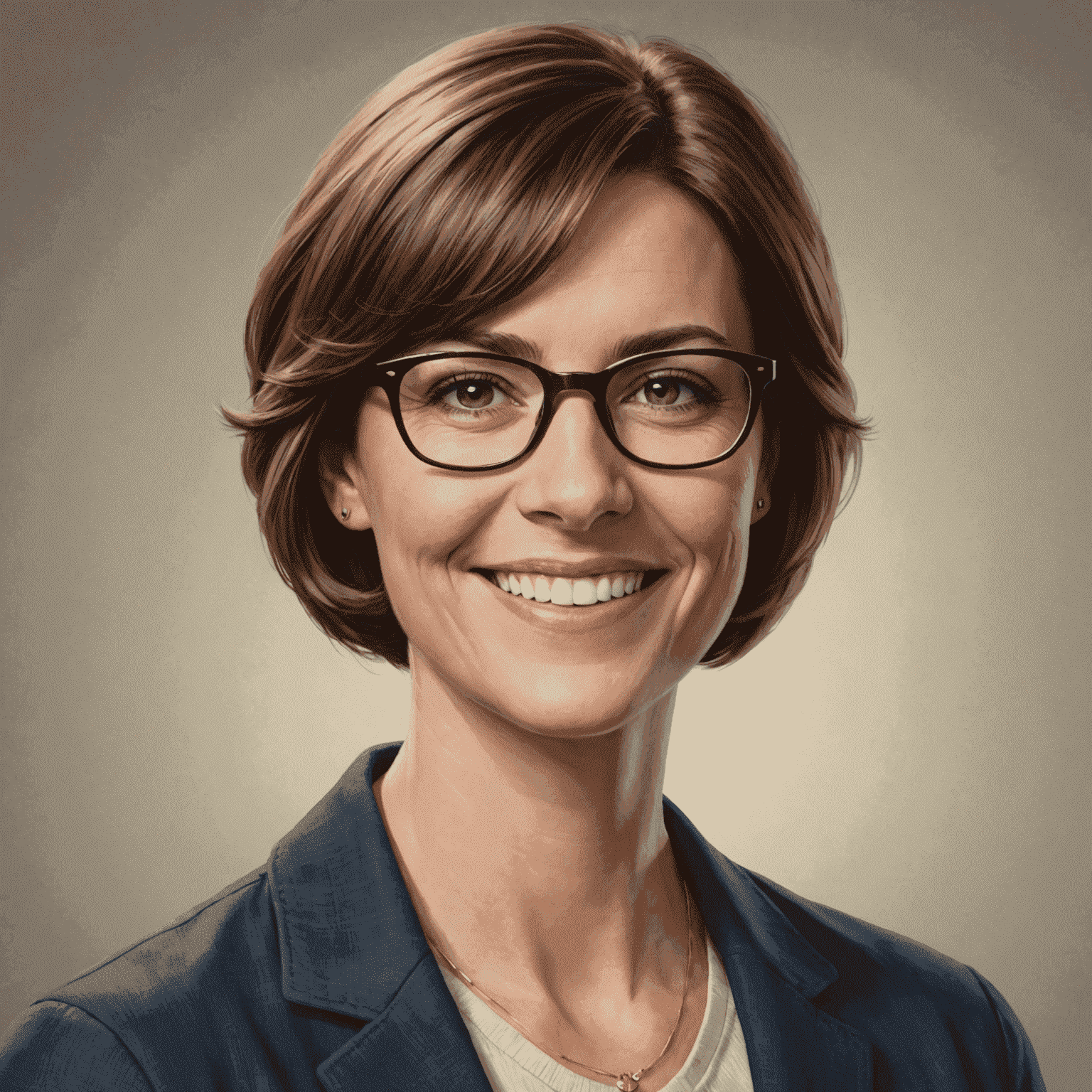 Portrait of Jane Smith, a woman in her 30s with short brown hair and glasses, smiling confidently at the camera