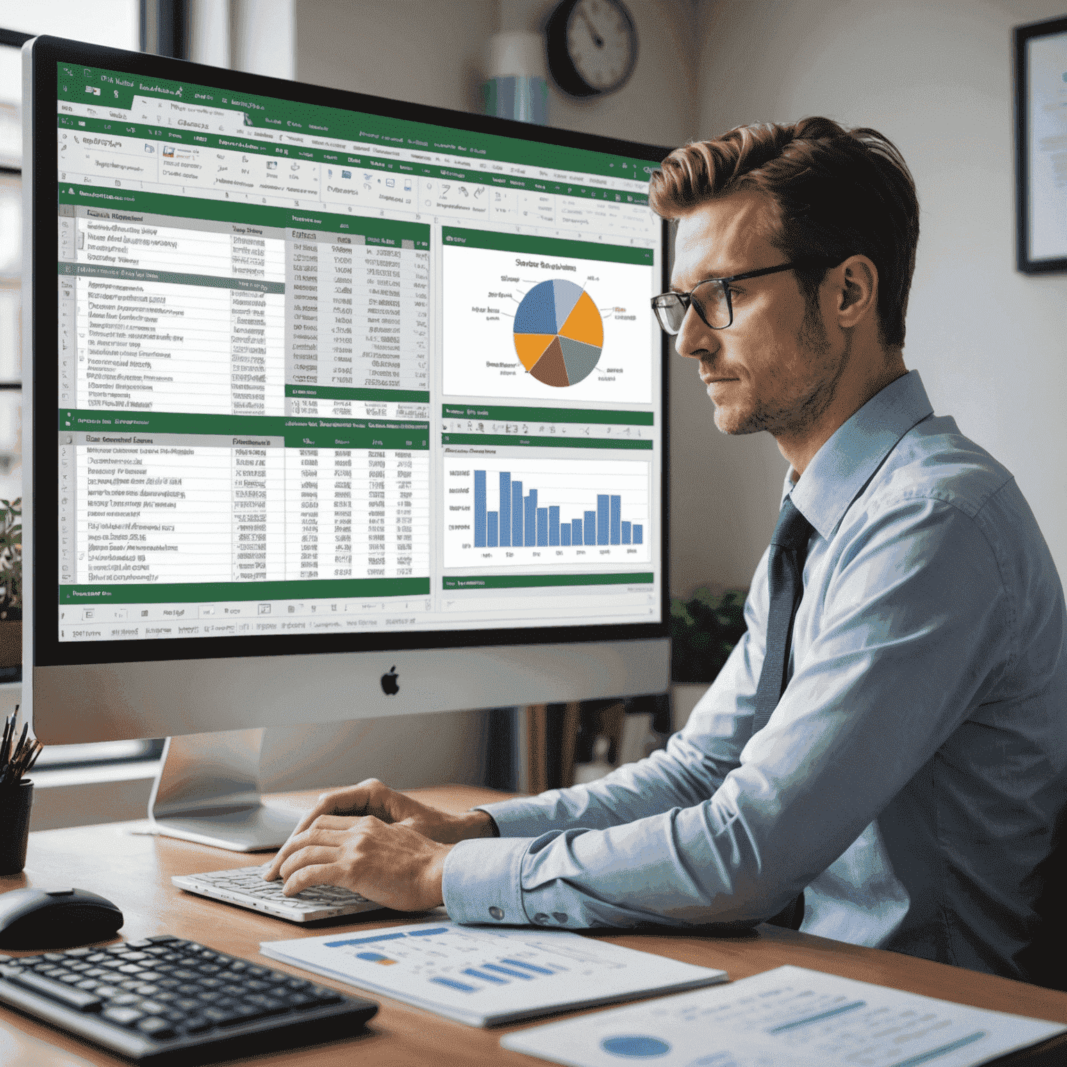 A professional using Excel on a large monitor, showcasing advanced functions and complex spreadsheets