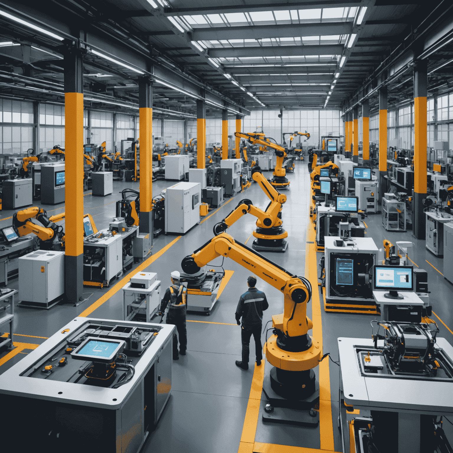 A smart factory floor with IoT devices and robots working alongside human employees