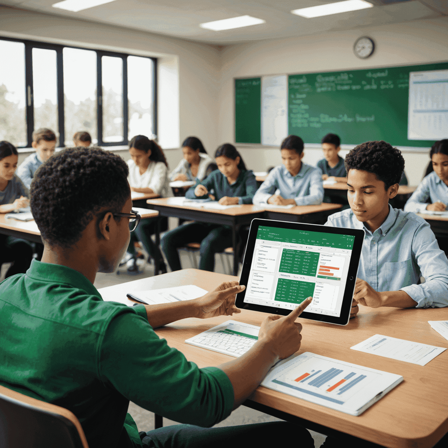 A classroom setting with students using tablets displaying Excel spreadsheets, symbolizing the integration of advanced Excel skills in modern education